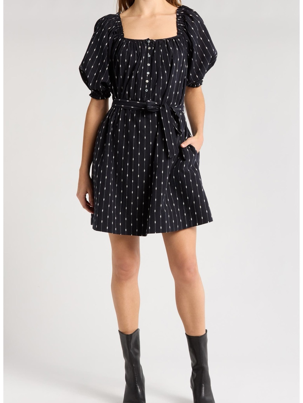MOTHER The Run Wild  Dot line Cotton Puff Sleeve Mini Dress